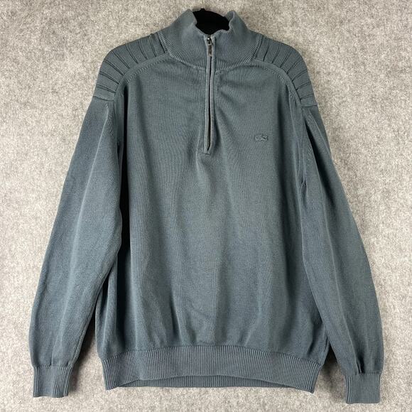 Lacoste Sweater Mens 7 XXL Blue Vintage Washed Mock Neck 1/4 Zip Ribbed Cotton - Picture 1 of 16